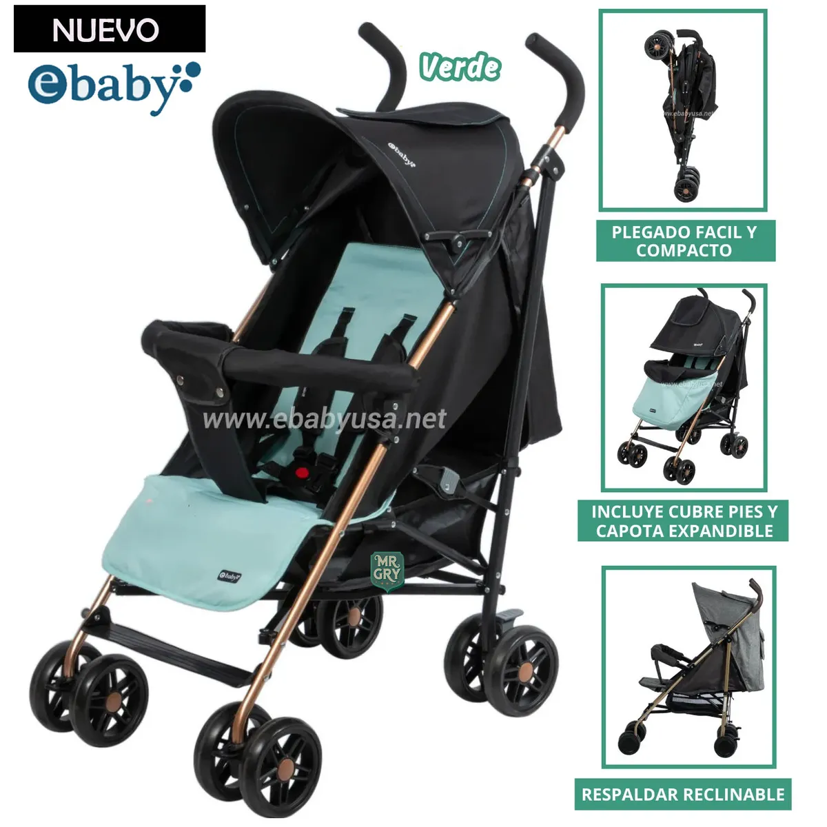 EBABY - Coche Bastón Paris para Bebe Verde
