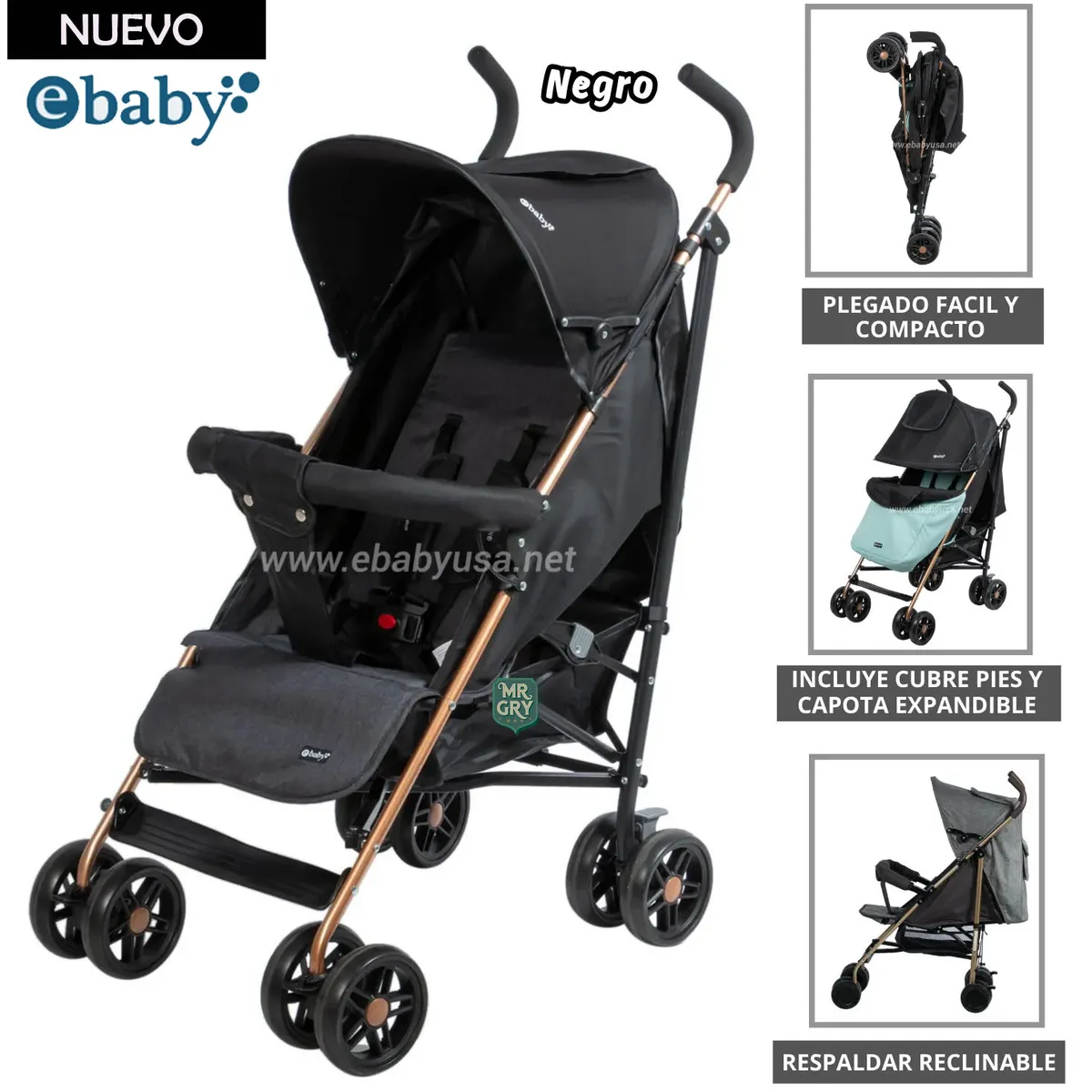 EBABY - Coche Bastón Paris para Bebe Negro