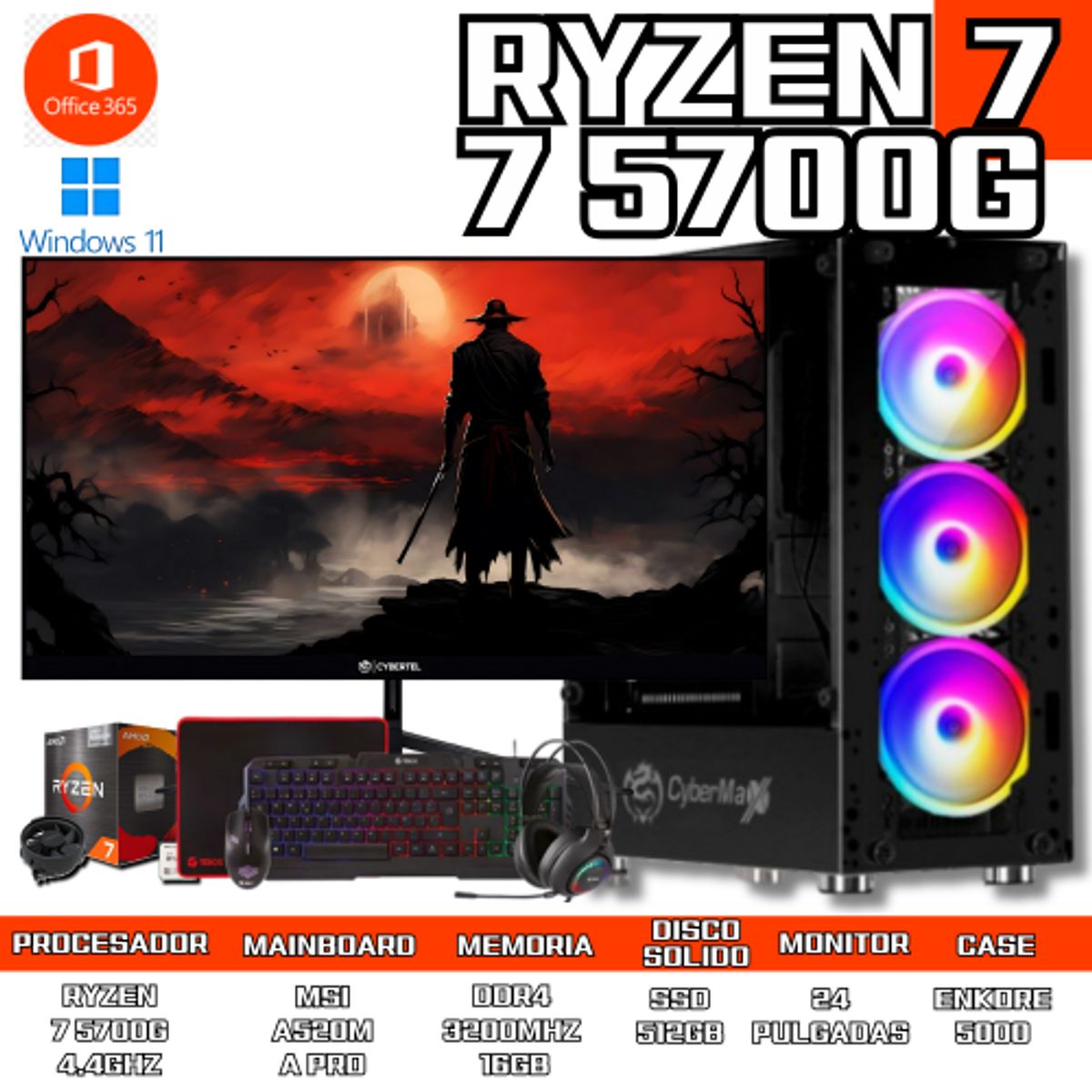 RYZEN - PC AMD RYZEN 7 5700G 16GB RAM+SSD 512GB+ MONITOR 24 PULGADAS