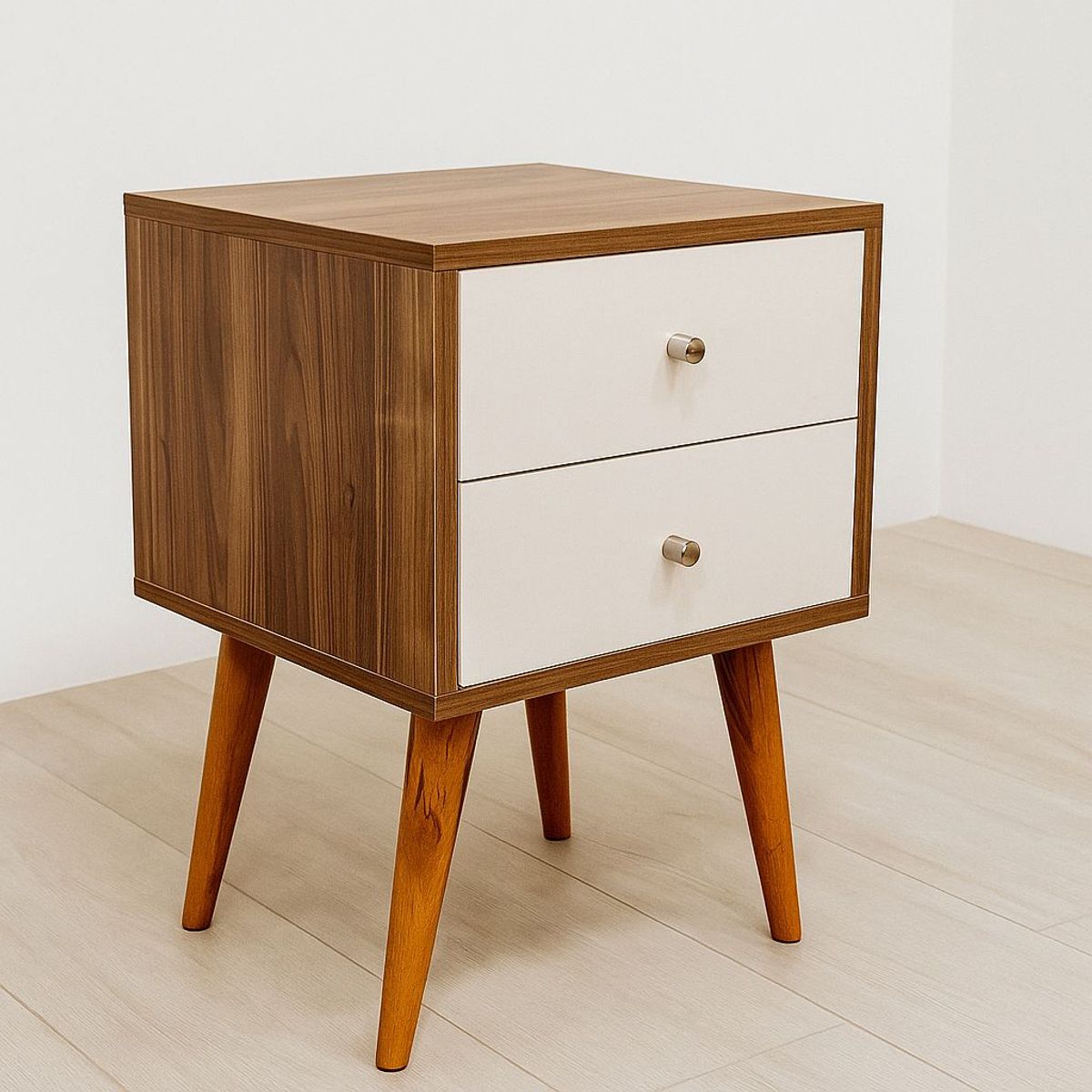 GENERICO - Velador Vintage Mesa De Noche 2 Cajones Blanco Y Bellota