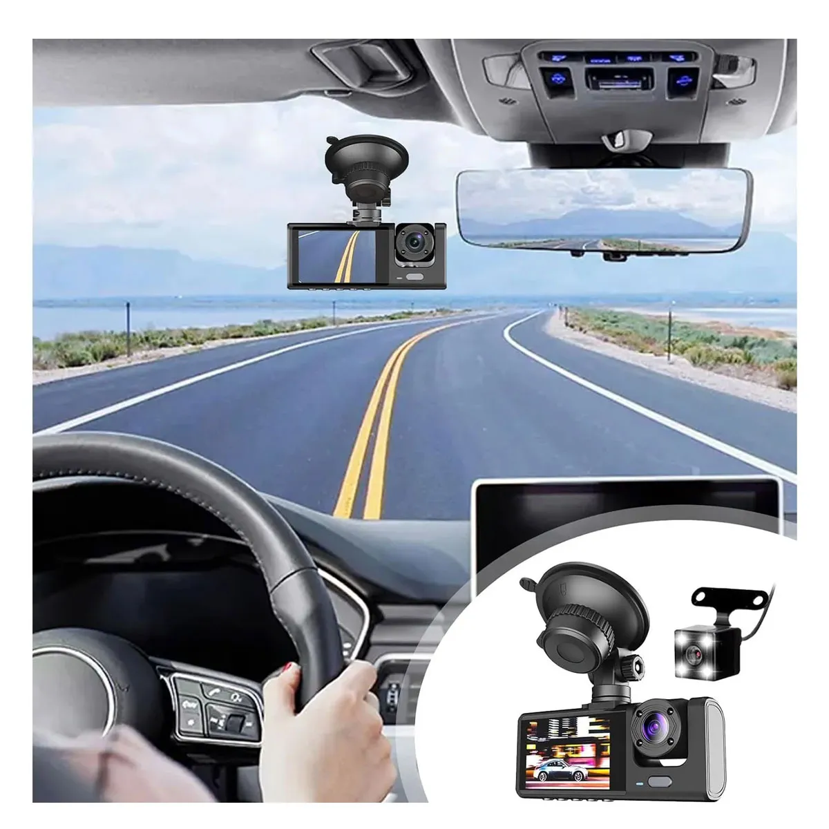 GENERICO - Camara Grabadora Para Auto Con 3 Lentes 1080HD + Camara de retroceso