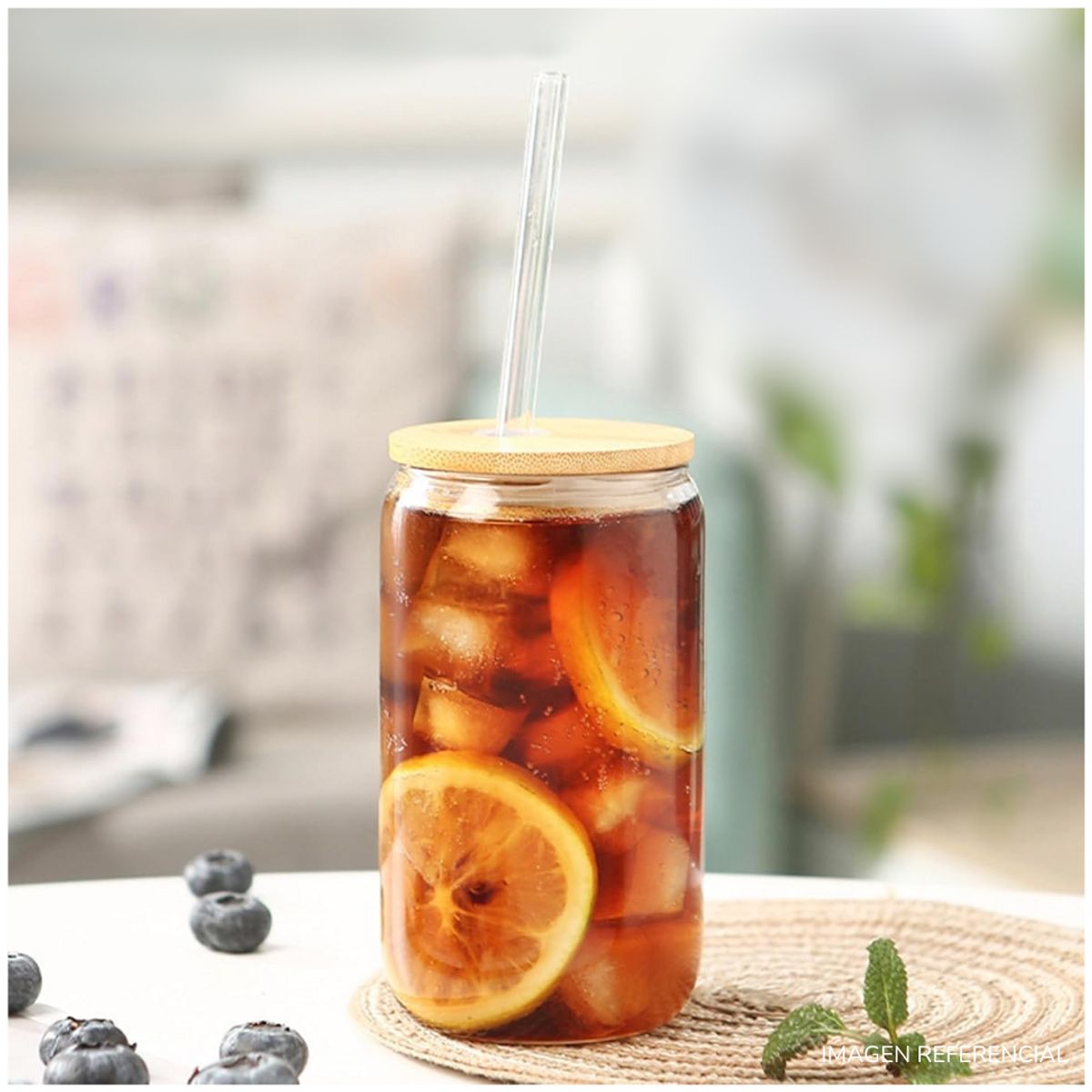 INSPIRA MARKET - Vaso de Vidrio con Tapa de Bambú