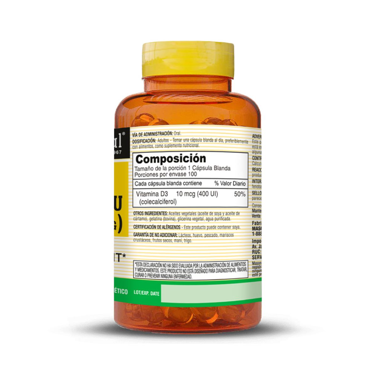MASON NATURAL - Vitamina D3 400 UI - Mason Natural - 100 Cáps. Blandas