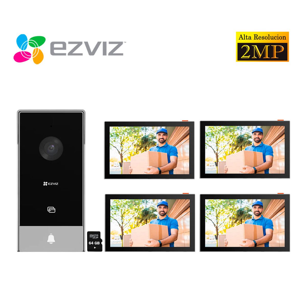 EZVIZ - Kit Videoportero Inteligente Ezviz HP5 Full HD 2MP 3 Métodos Apertura 3 Monitores 64GB