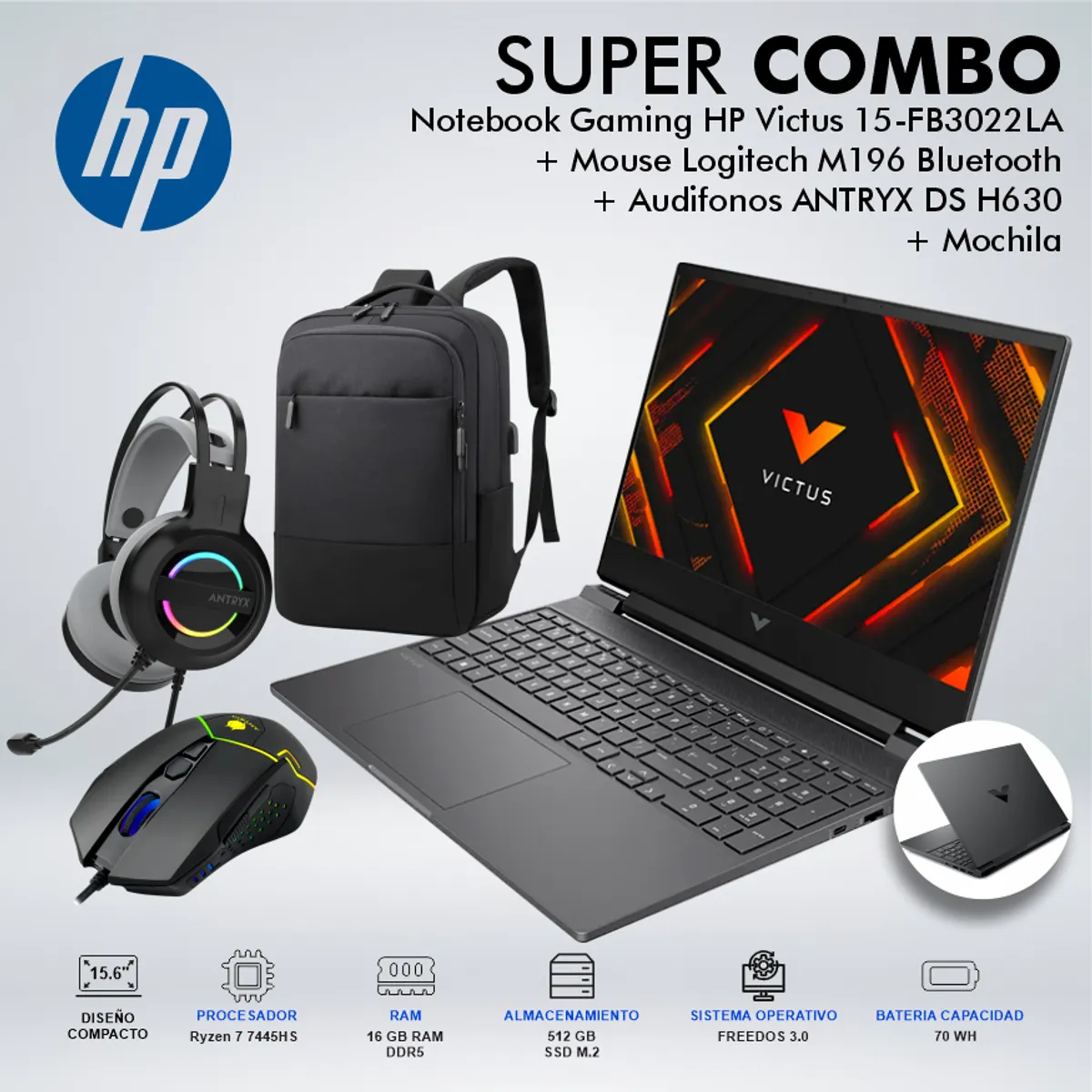 HP - LAPTOP GAMING HP VICTUS 15-FB3022LA RYZEN 7 7445HS MEMORIA 16GB DISCO 512GB