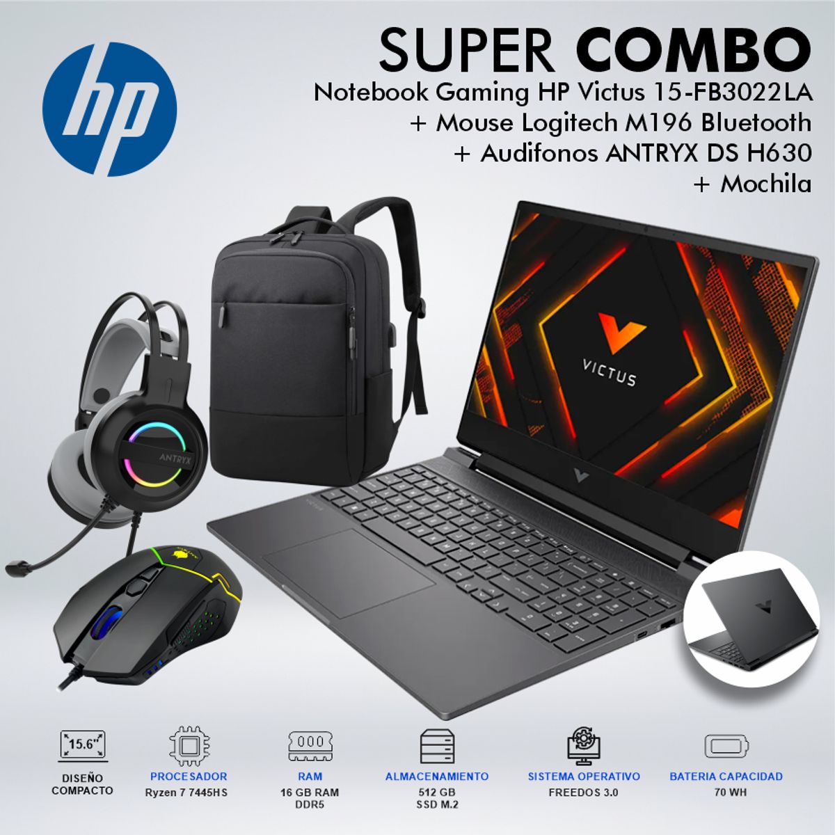 HP - LAPTOP GAMING HP VICTUS 15-FB3022LA RYZEN 7 7445HS MEMORIA 16GB DISCO 512GB