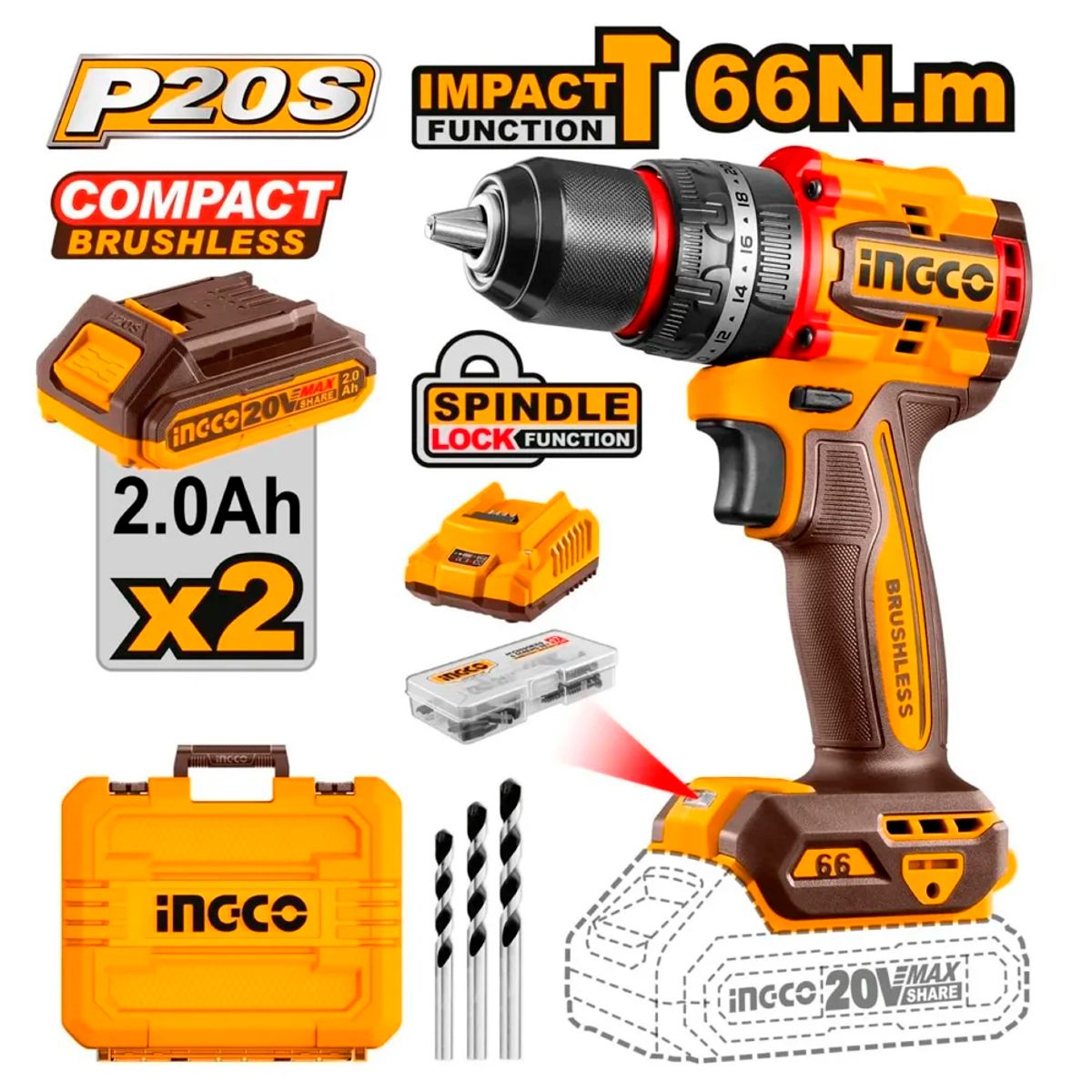 INGCO TOOLS - Taladro Atornillador Percutor Industrial ½ Ingco CIDLI20668 20V 66Nm 2Bat x 2Ah Brushless