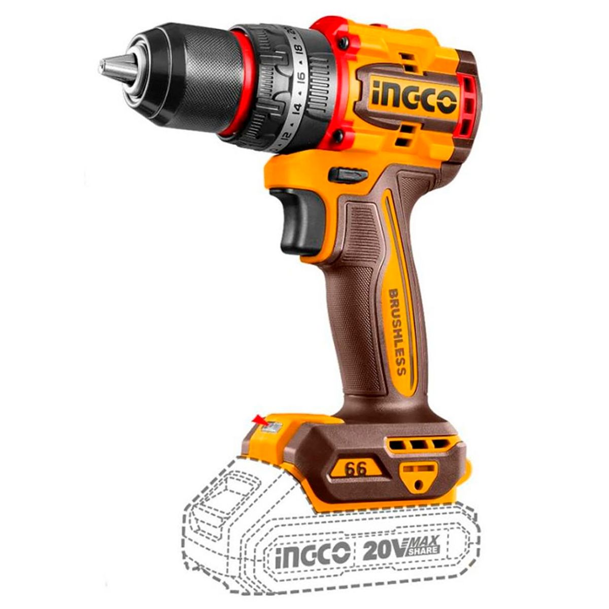 INGCO TOOLS - Taladro Atornillador Percutor Industrial ½ Ingco CIDLI20668 20V 66Nm 2Bat x 2Ah Brushless