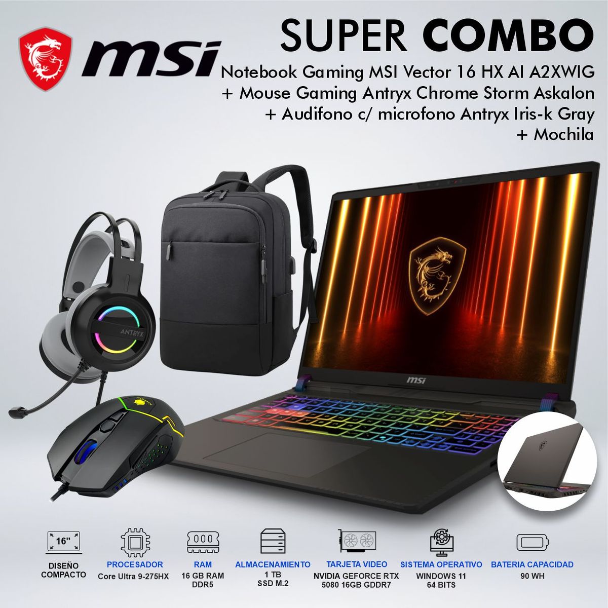 MSI - LAPTOP GAMING MSI VECTOR 16 HX AI A2XWIG CORE ULTRA 9-275HX MEMORIA 16GB DISCO 1TB