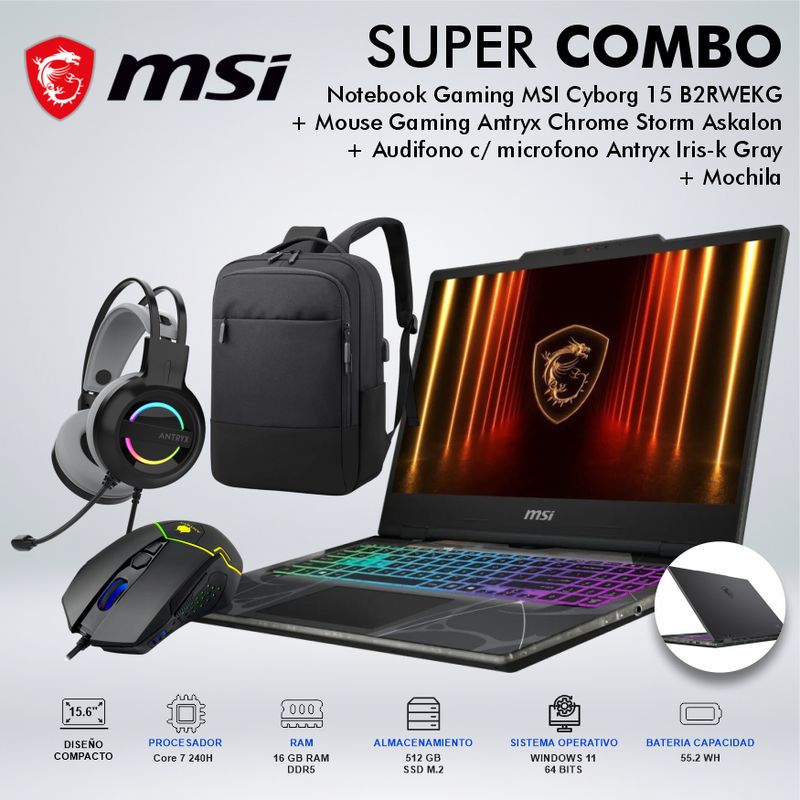 MSI - LAPTOP GAMING MSI CYBORG 15 B2RWEKG CORE 7-240H MEMORIA 16GB DISCO 512GB
