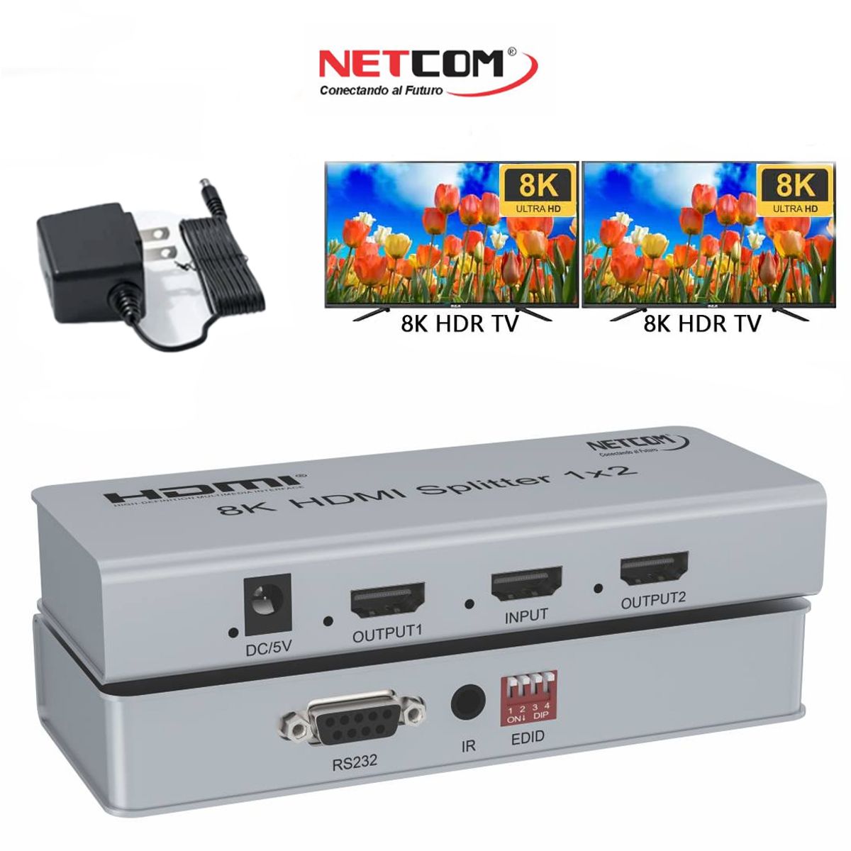 NETCOM - Splitter HDMI 1x2 Metalico 2.1 8K 60Hz 2 pantallas HDCP 2.3 RS232