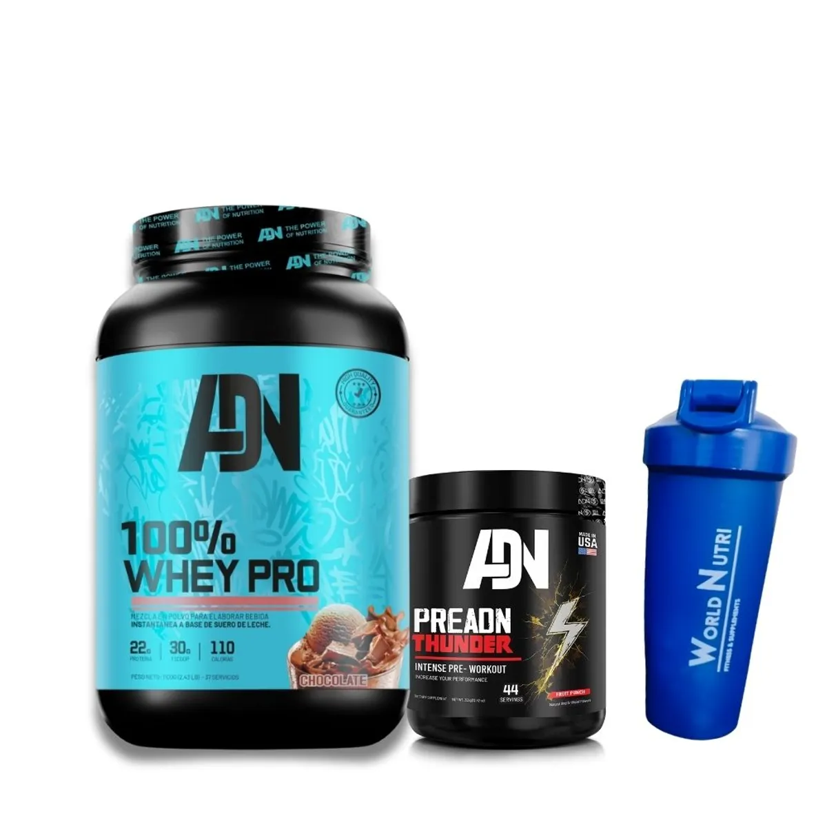 ADN - 100% WHEY PRO 1,1 KG CHOCOLATE + PRE -ADN THUNDER 352 GR FRUIT PUNCH