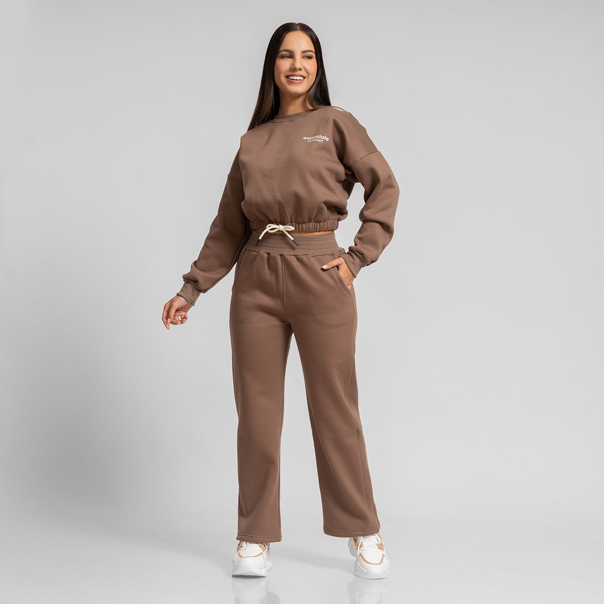 ONHUL - Conjunto buzo polera y jogger palazzo marrón para mujer