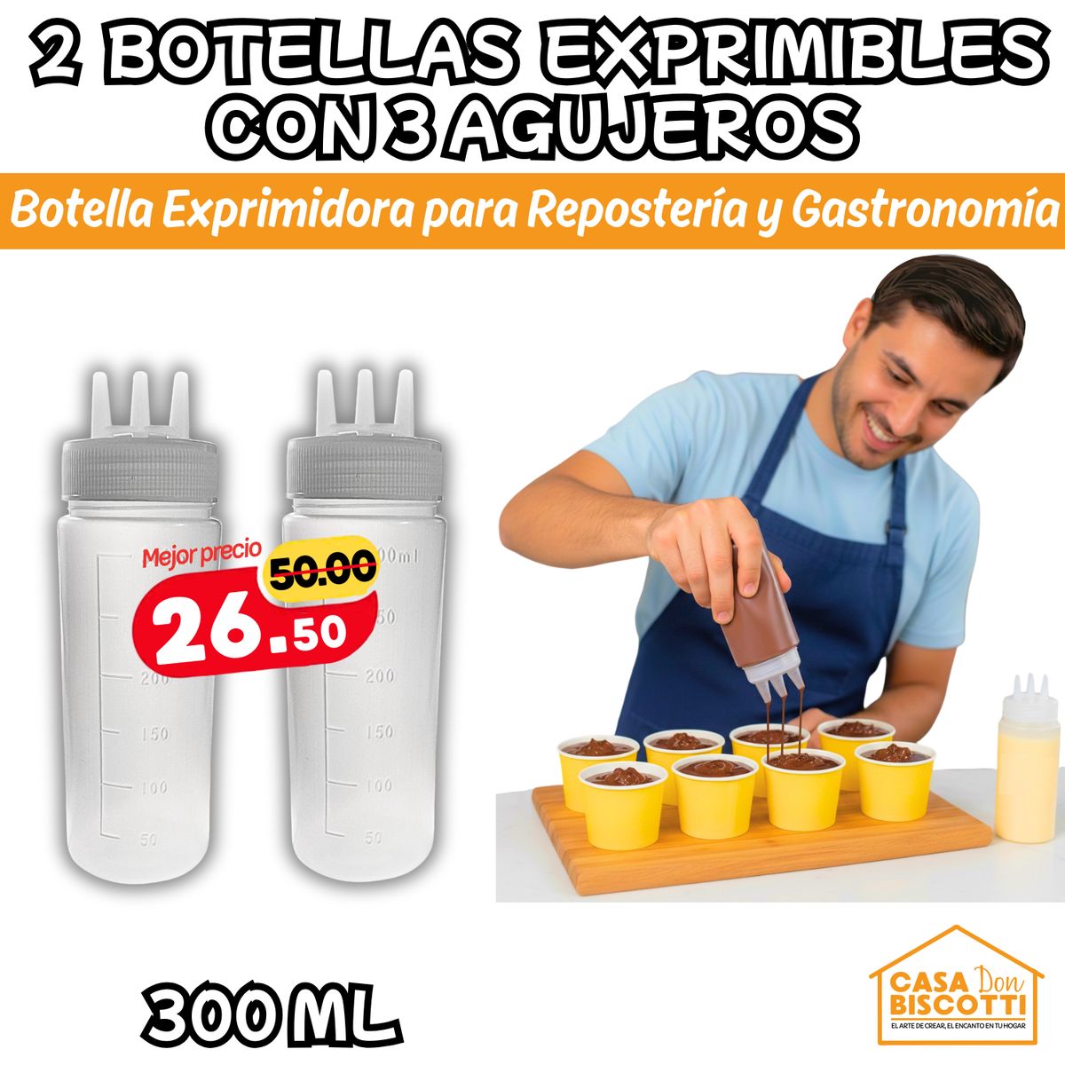 GENERICO - Botellas de Precisión 300ml + Botella 3 agujeros para salsas PACK X2