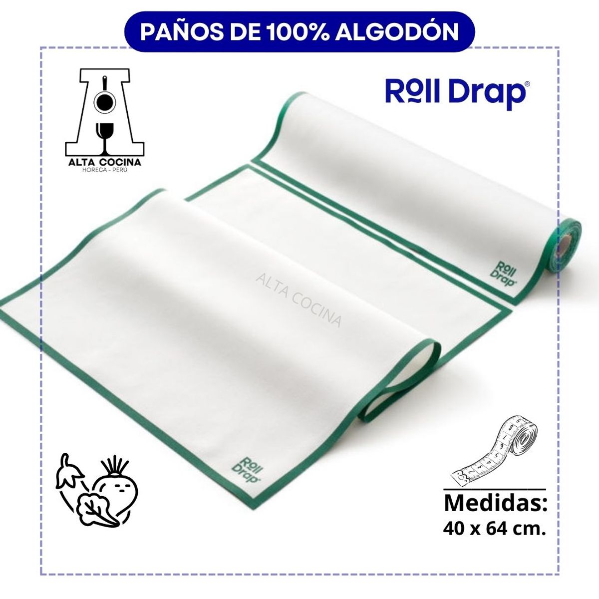 GENERICO - ROLL DRAP PAÑO MULTIUSO 100% ALGODÓN PARA MANIPULACION E HIGIENIZACIÓN