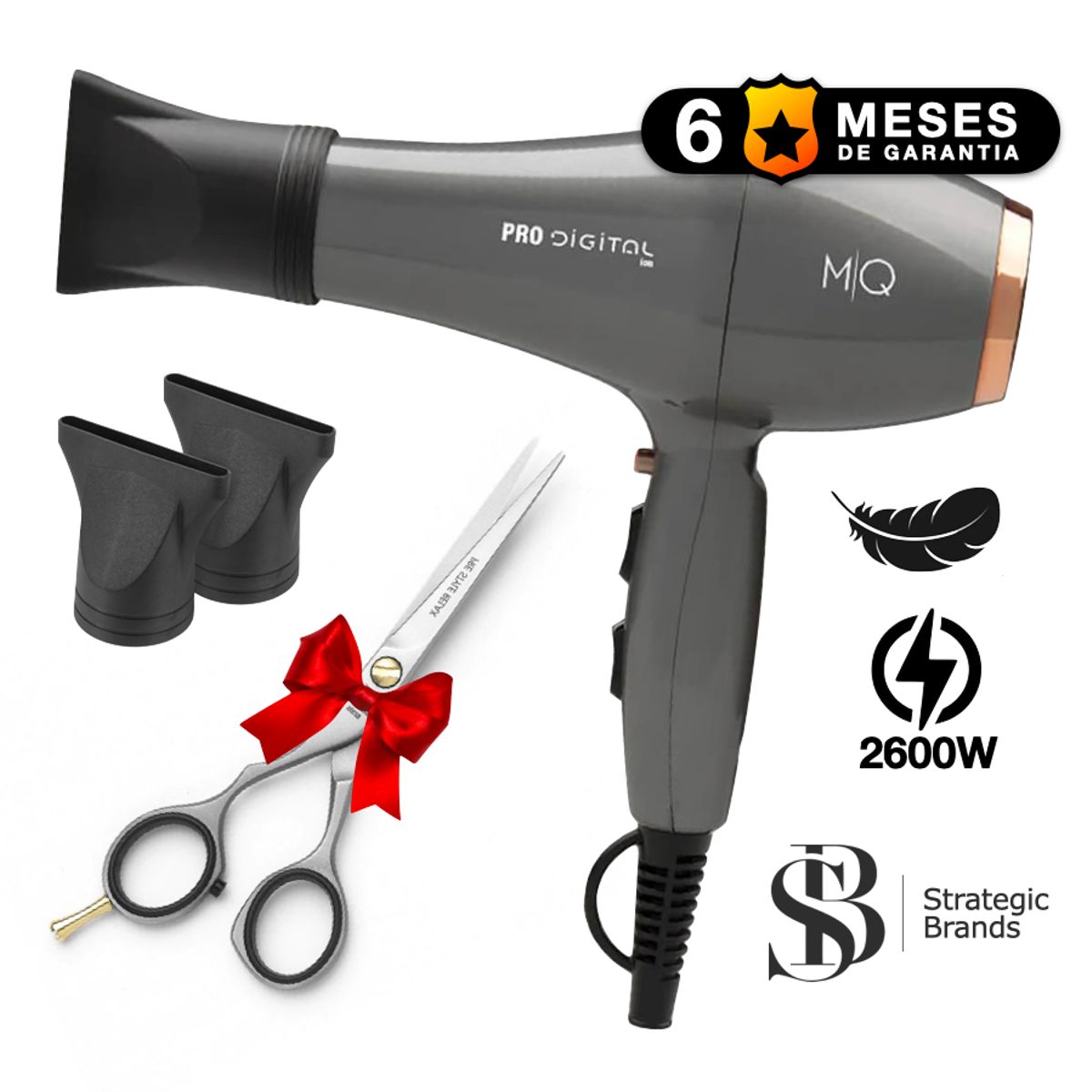 MQ PROFESIONAL - SECADORA PROFESIONAL PRO DIGITAL 2600W  + TIJERA MICRODENTADA 6 PULG