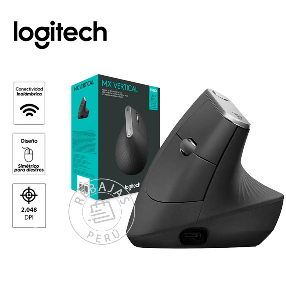 LOGITECH - Mouse Logitech MX Vertical Negro Ergonomico Inalámbrico USB-C