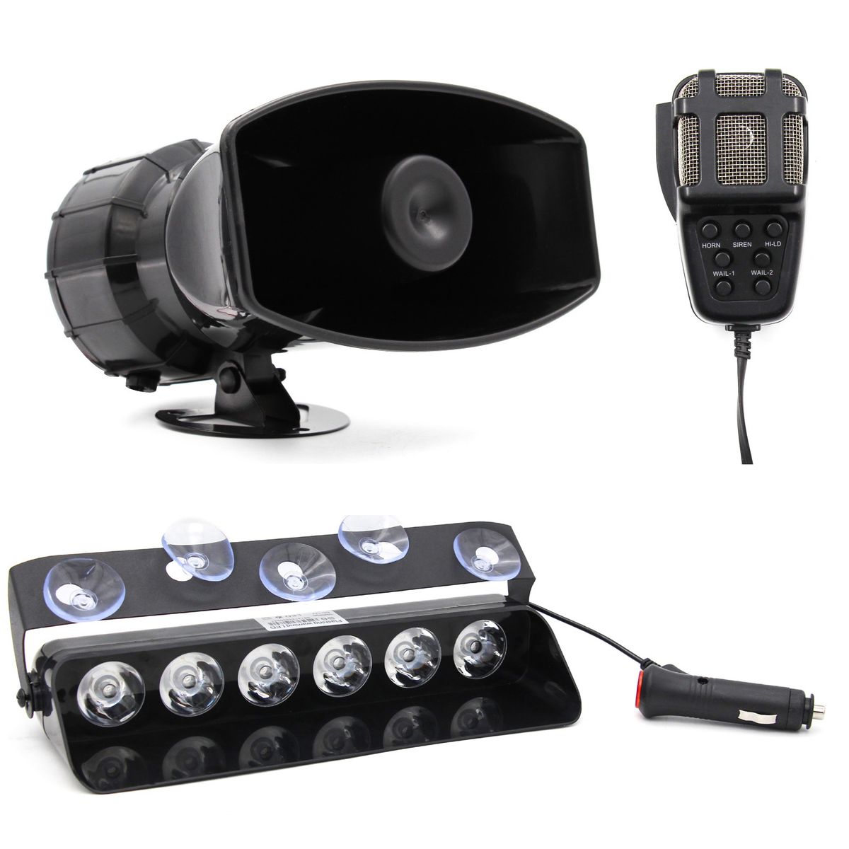 JET - Sirena 7 Ton 12V + Luz Policial 6 LED 15 Funciones 24.5cm