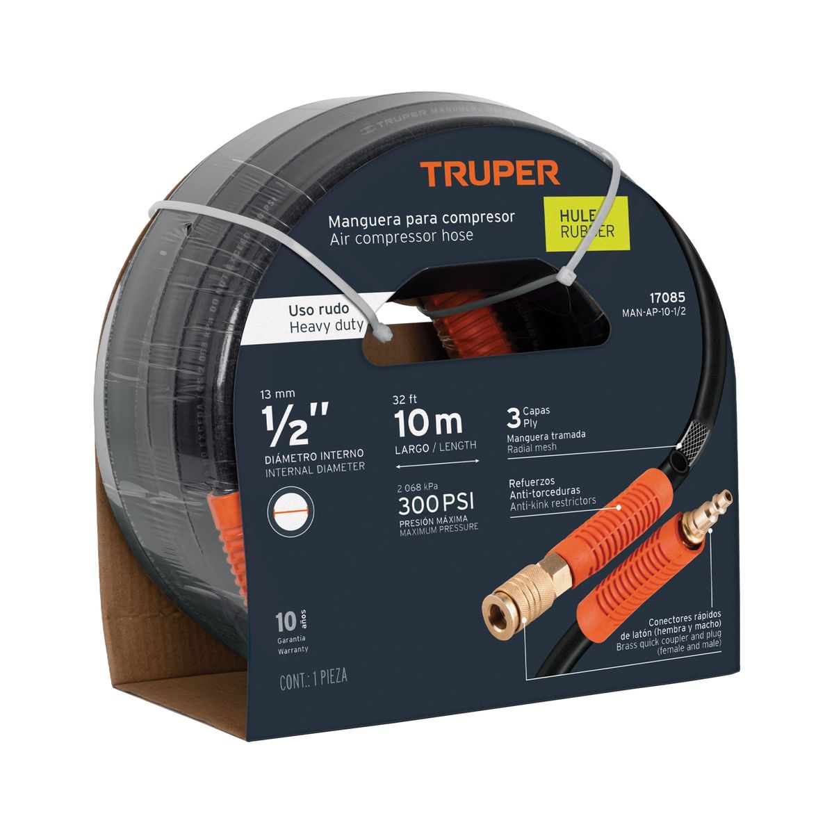 TRUPER - Rollo de 10 m de manguera 1/2´´ de hule para compresora, Truper