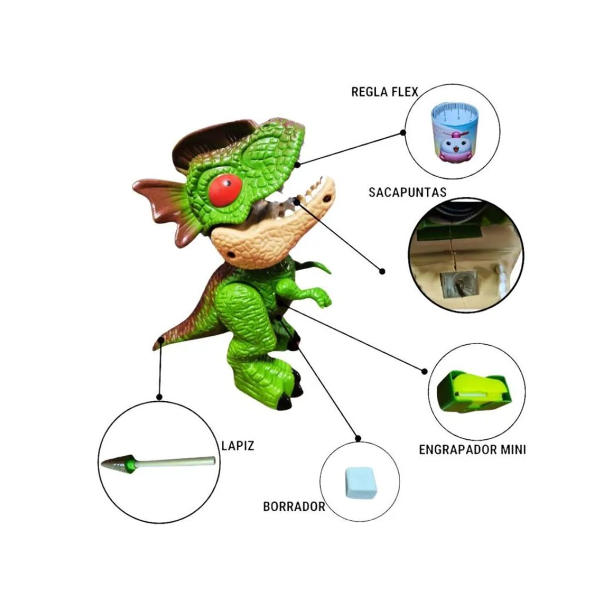 GENERICO - DINO 5 EN 1 VERDE + LAPICERO PARA NIÑOS DISEÑO TRANSFORMERS