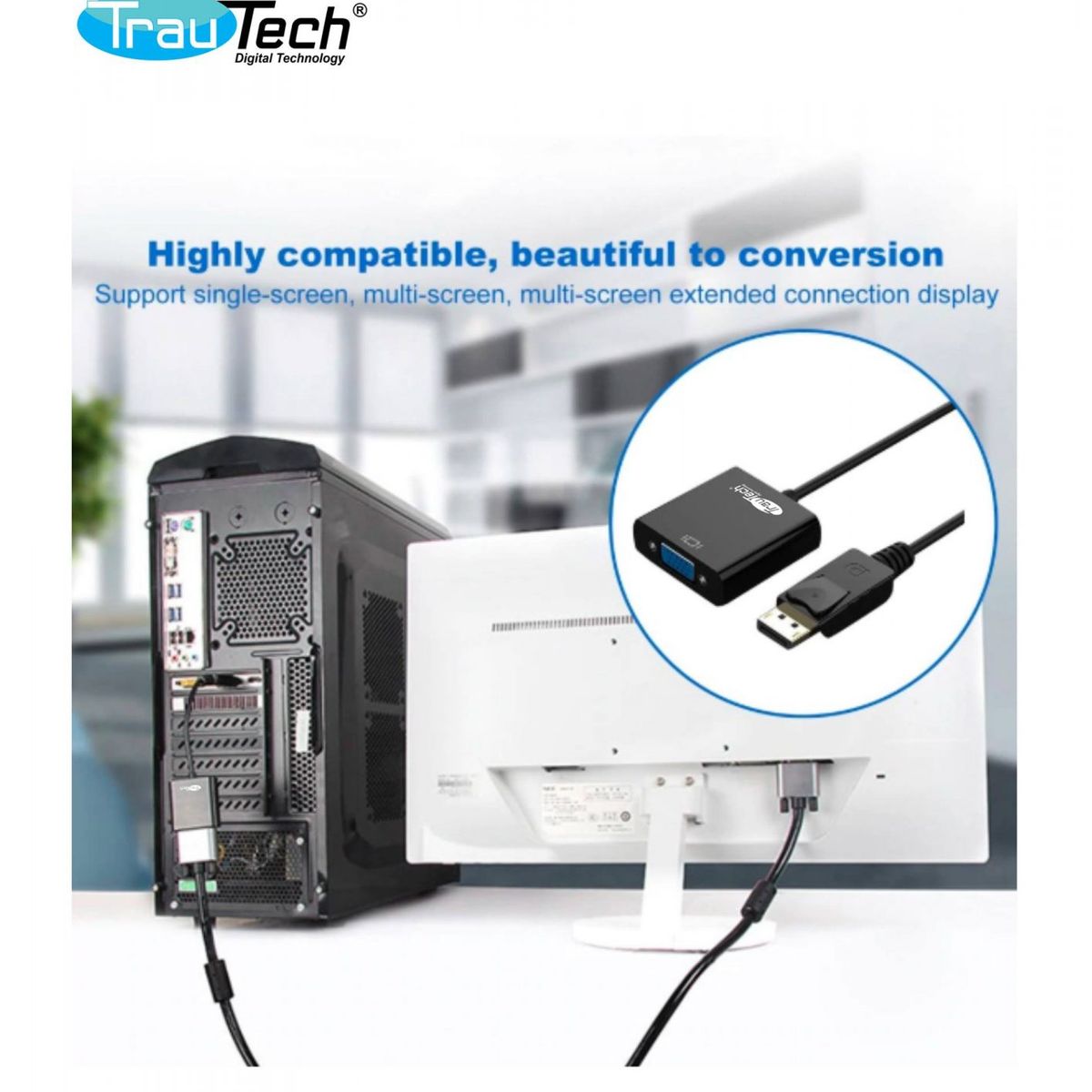 TRAUTECH - Cable adaptador de DISPLAYPORT DP macho a VGA hembra TRAUTECH
