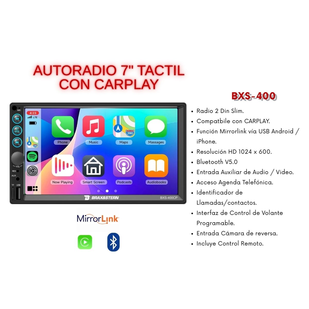 GENERICO - Autoradio Brax&Stern Con Carplay Mirrorlink BT USB 7 Pulg HD BXS-400