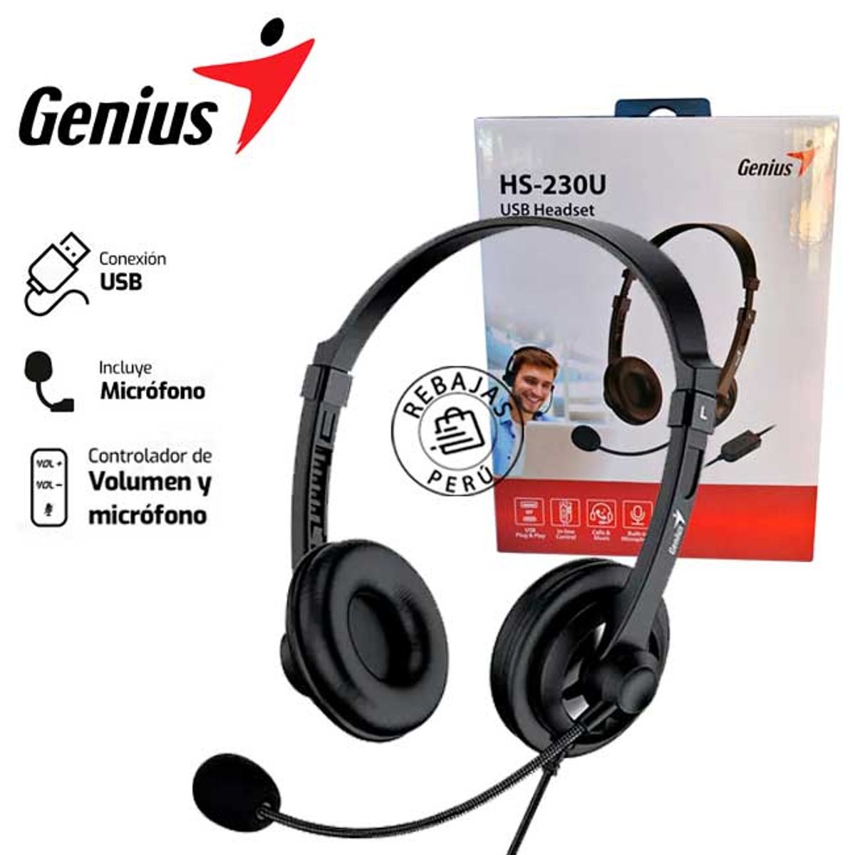 GENIUS - Audífono Genius HS-230U USB-A 2.4 m Negro con micrófono flexible