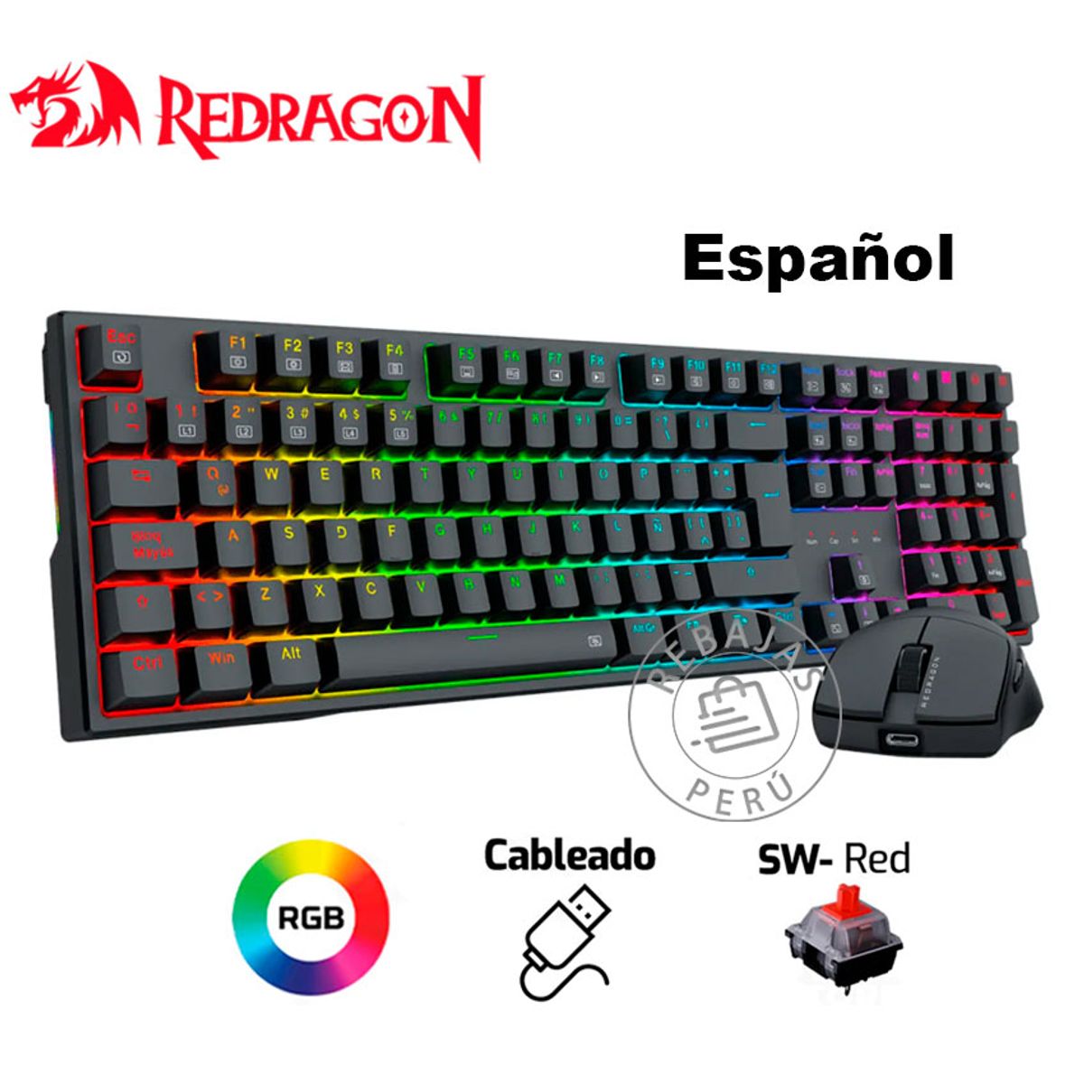 REDRAGON - Combo Redragon S146-SP Teclado Mecánico K668RGB + Mouse M724 Black