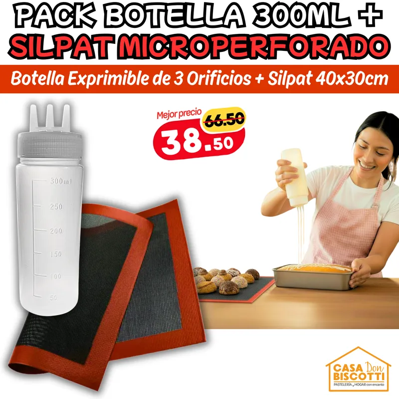 GENERICO - Tapete Microperforado de Silicona Silpack 40x30 + Botella Precisión para Cremas Salsa de 300ml
