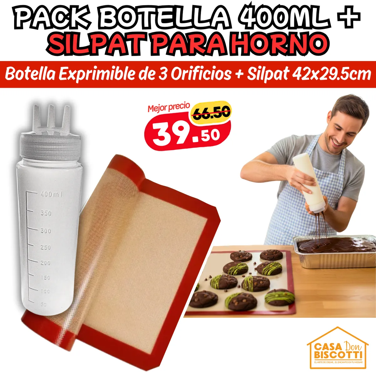 GENERICO - Silpat Silpack Mediano Tapete de Horno de Silicona 42x30cm + Botella para salsa Exprimible de 400ml