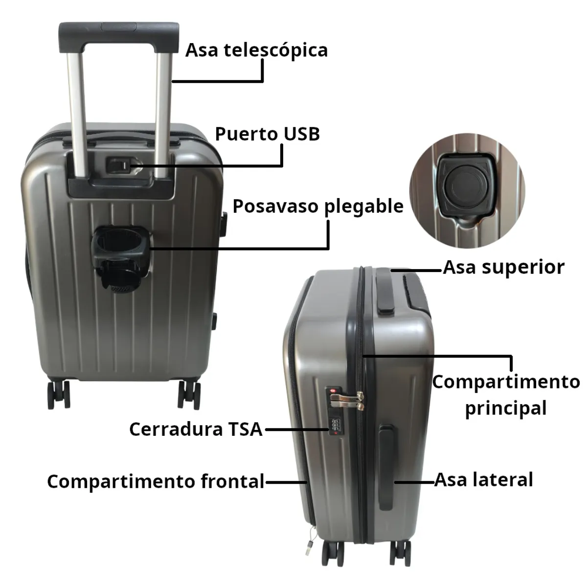 GENERICO - Maleta De Cabina Antirrobo Con Portalaptop TSA Posa Vasos Usb 20