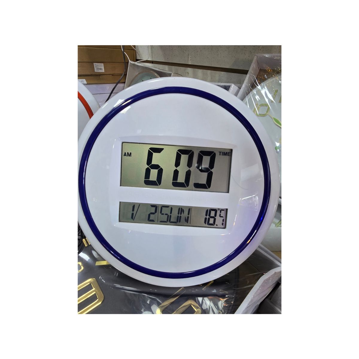 GENERICO - Reloj Redondo Digital Pared Calendario 26x26 Hogar Oficina Azul Blanco