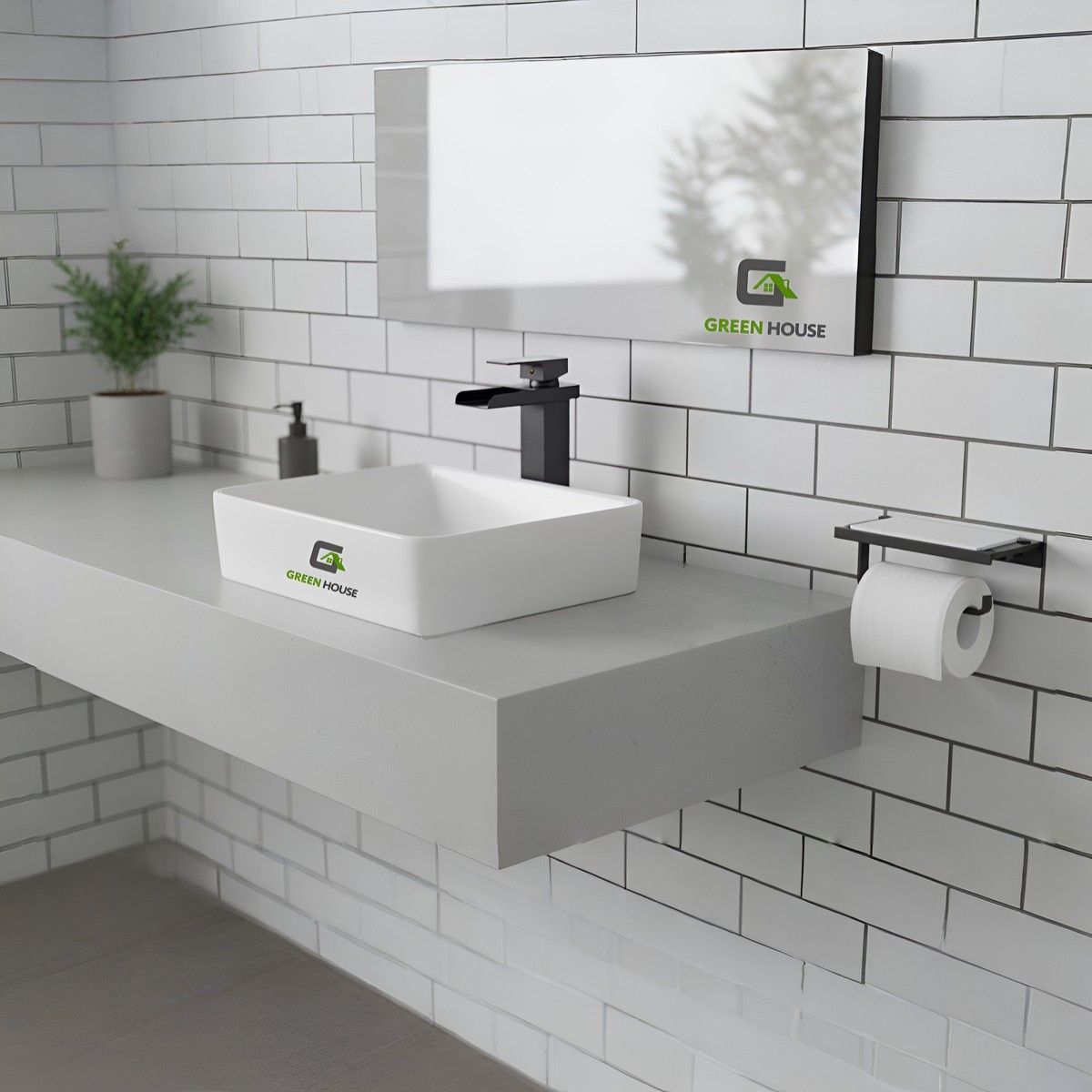 GREEN HOUSE - COMBO DE LAVATORIO MEDITERRANEO + MEZCLADORA CASCADA VOS40 NEGRO