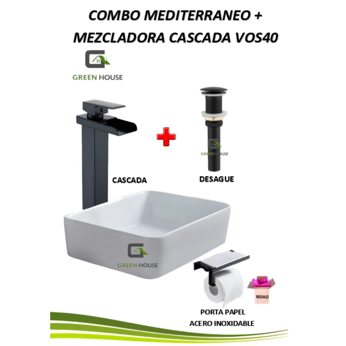 GREEN HOUSE - COMBO DE LAVATORIO MEDITERRANEO + MEZCLADORA CASCADA VOS40 NEGRO