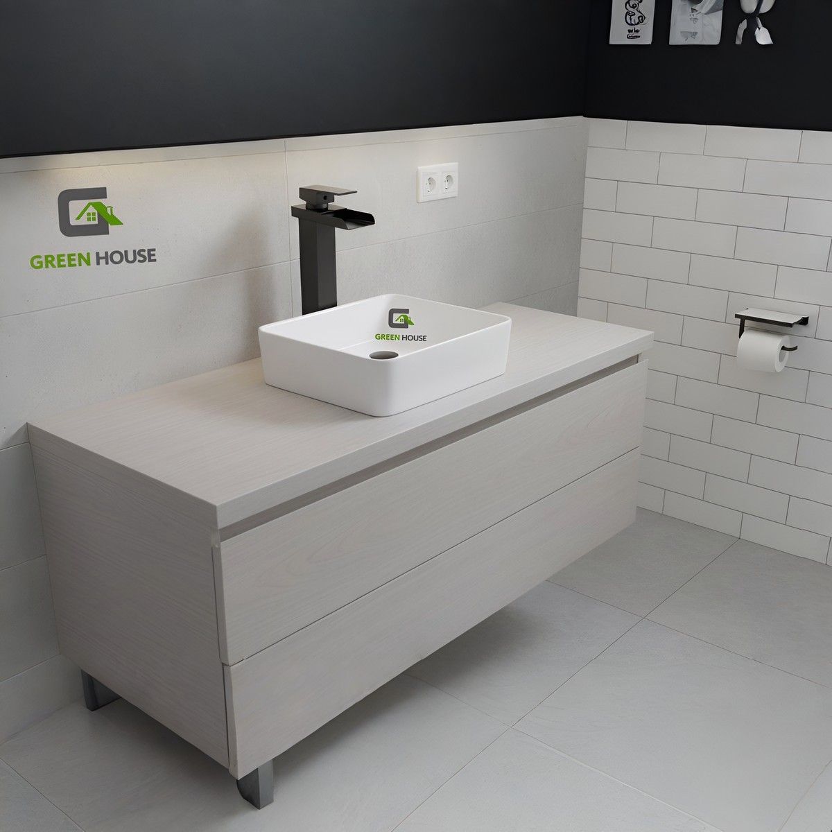 GREEN HOUSE - COMBO DE LAVATORIO MEDITERRANEO + MEZCLADORA CASCADA VOS40 NEGRO