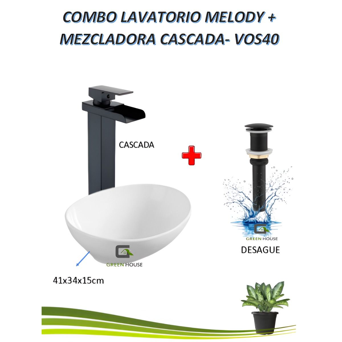 GREEN HOUSE - COMBO  LAVATORIO MELODY + MEZCLADORA CASCADA VOS40