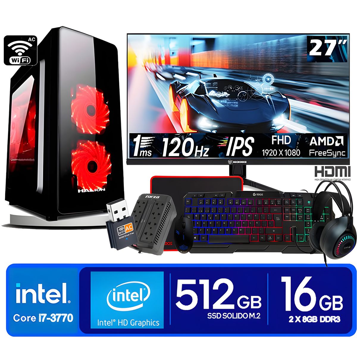 HALION - Computadora Pc Intel Core i7 3770  Monitor 27 fhd' RAM 16 GB SSD 500 GB wifi