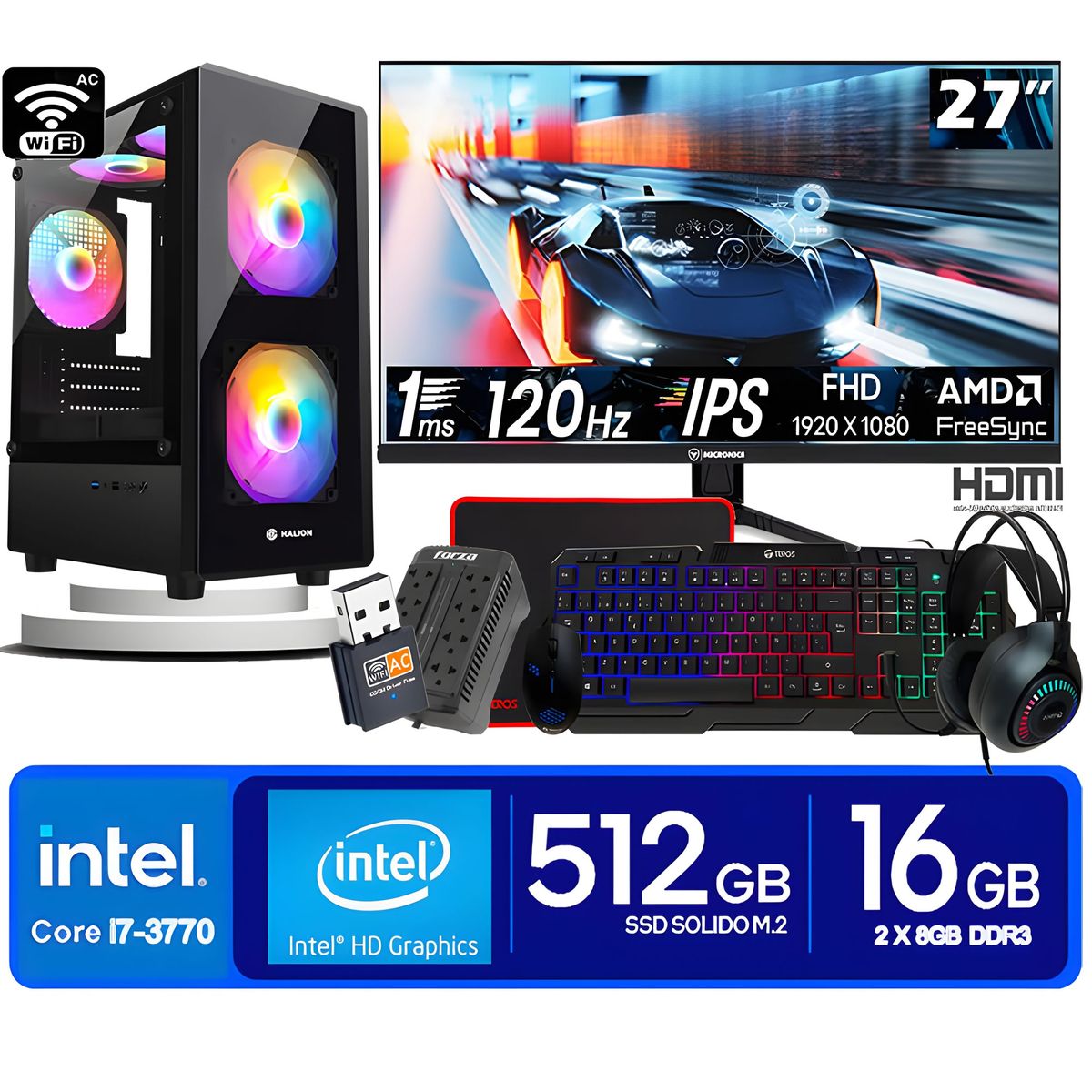 HALION - Computadora Pc Intel Core i7 3770  Monitor 27 fhd' RAM 16 GB SSD 500 GB wifi