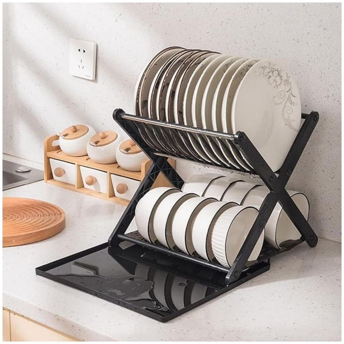 GENERICO - Escurridor de Platos 2 Niveles con Bandeja de Goteo 28x30x30cm Negro