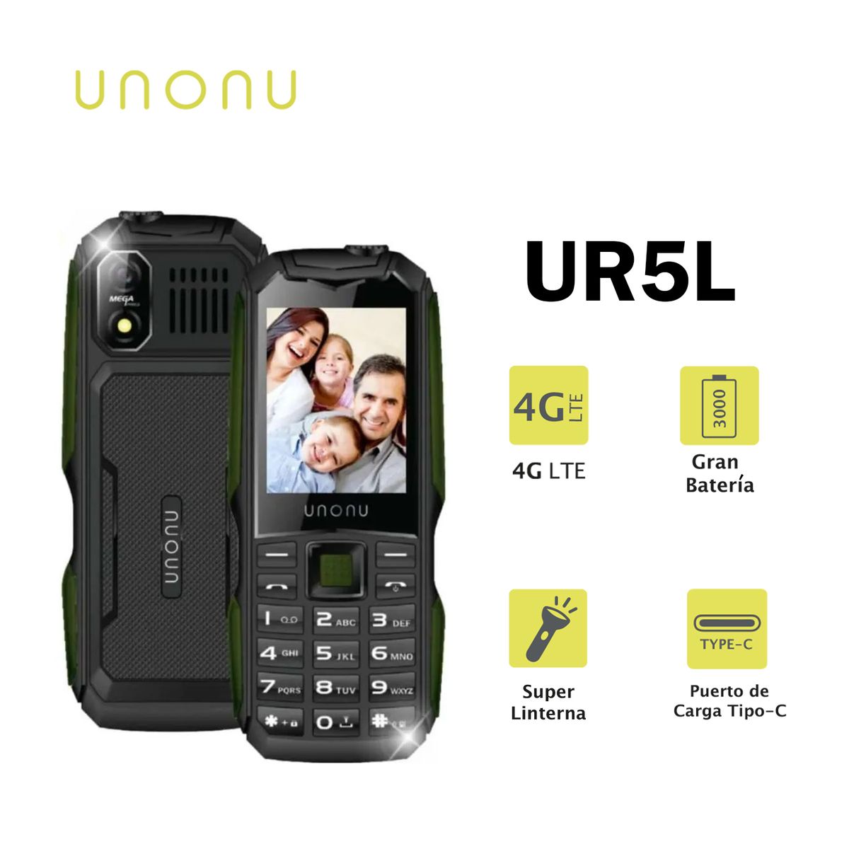 UNONU - UNONU UR5L TELÉFONO ROBUSTO Y A TODO TERRENO COLOR VERDE 4G