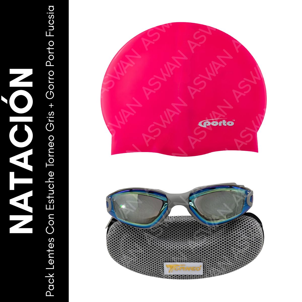 GENERICO - Pack Lentes Con Estuche Torneo Gris + Gorro Porto Fucsia