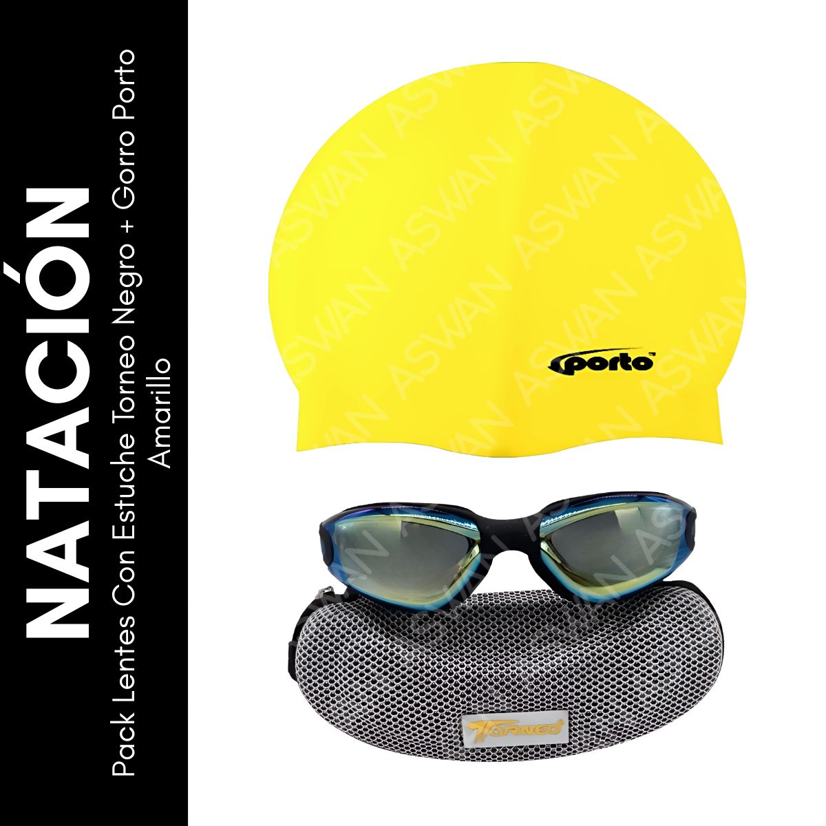 GENERICO - Pack Lentes Con Estuche Torneo Negro + Gorro Porto Amarillo