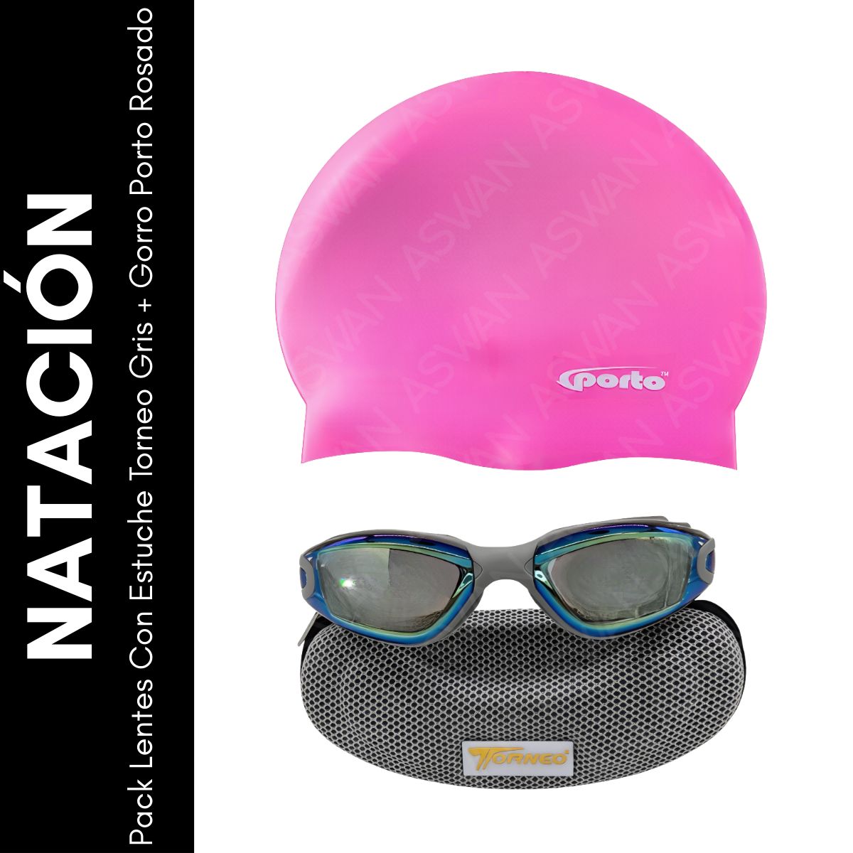 GENERICO - Pack Lentes Con Estuche Torneo Gris + Gorro Porto Rosado