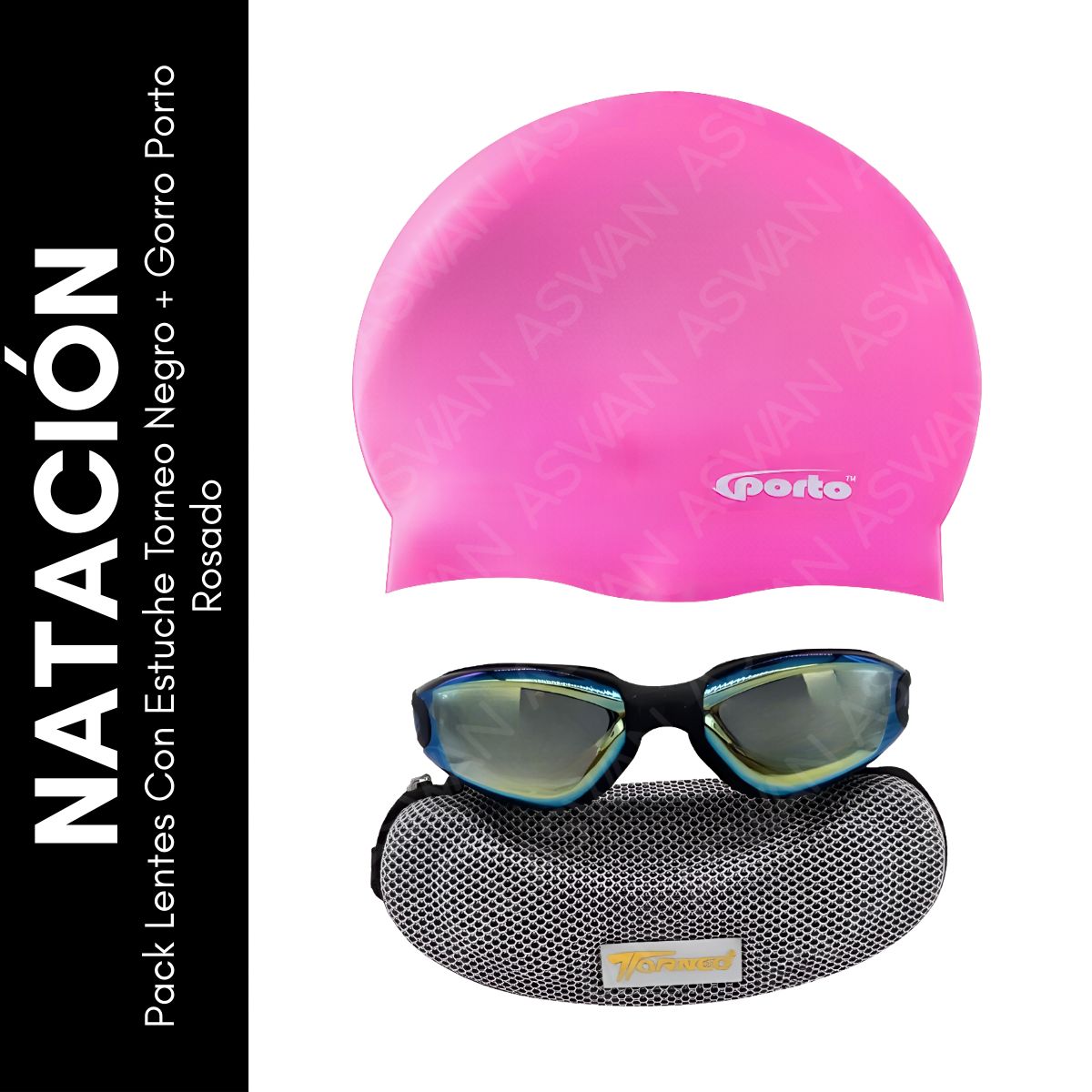 GENERICO - Pack Lentes Con Estuche Torneo Negro + Gorro Porto Rosado