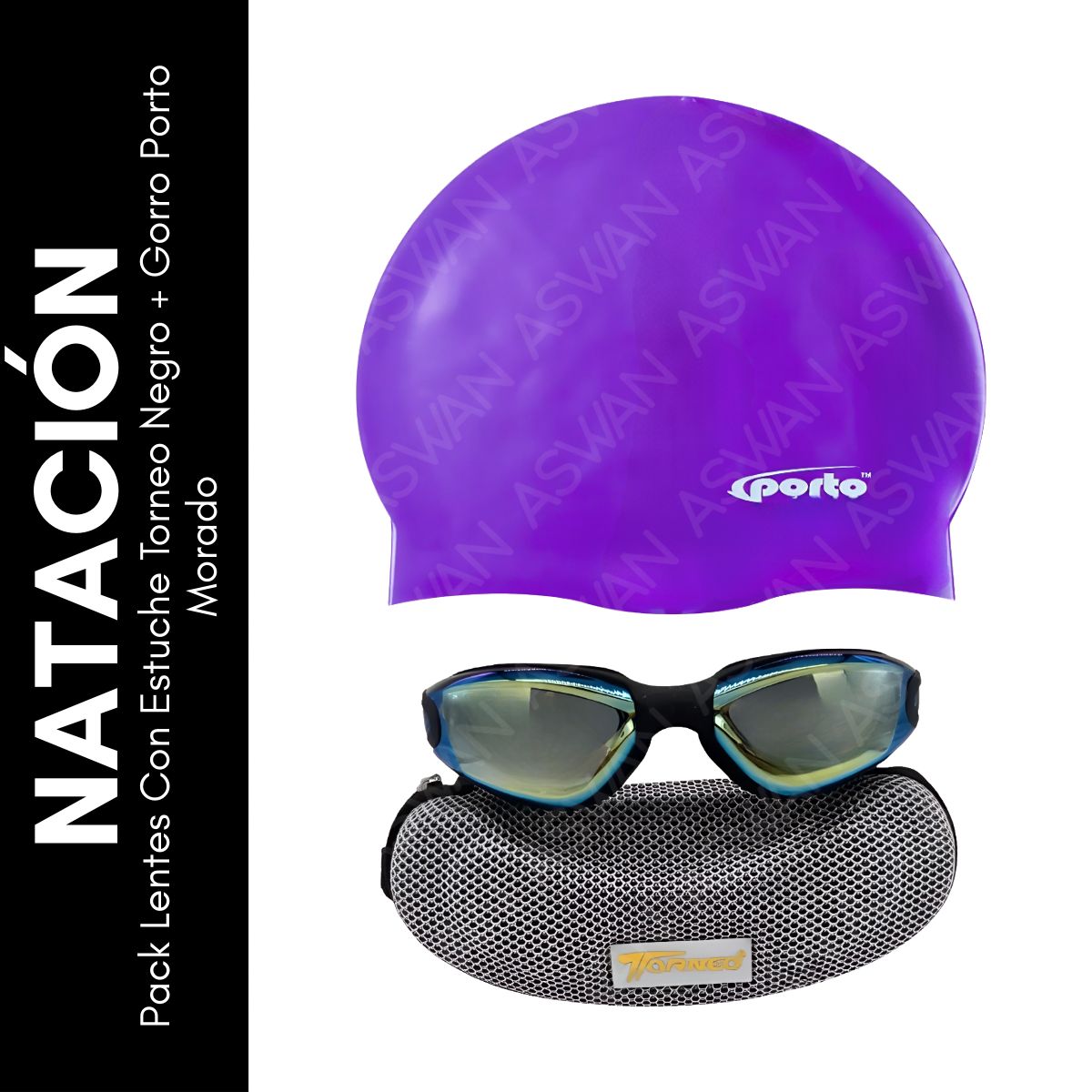 GENERICO - Pack Lentes Con Estuche Torneo Negro + Gorro Porto Morado