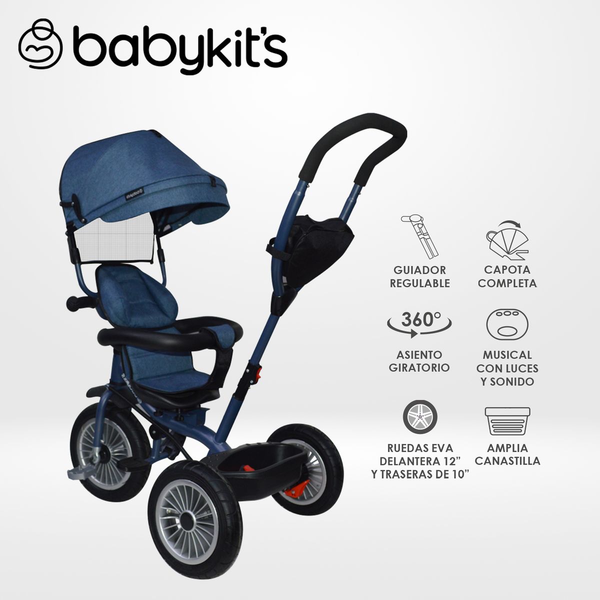 BABY KITS - Triciclo 360° con guiador Azul