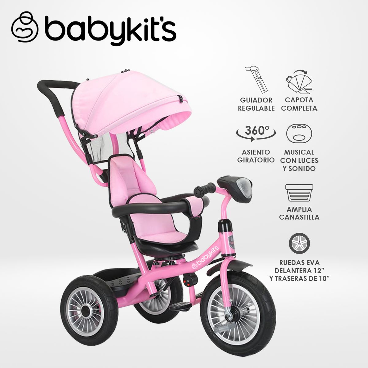 BABY KITS - Triciclo 360° con guiador Rosado