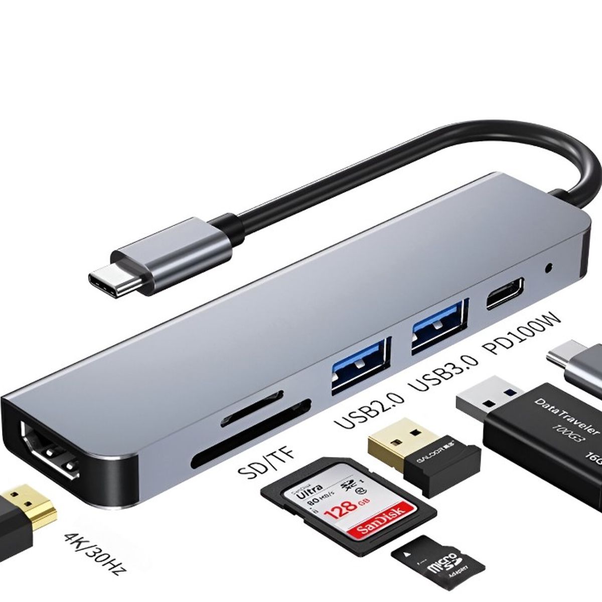 SEISA - Adaptador Hub 6 en 1 Tipo C a HDMI, SD, TF, USB x2, PD tipo C