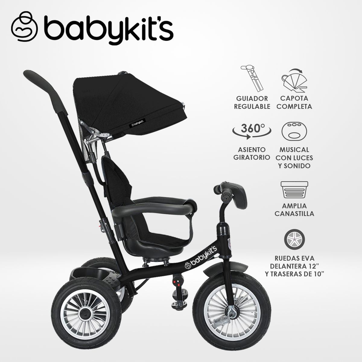 BABY KITS - Triciclo 360° con guiador Negro