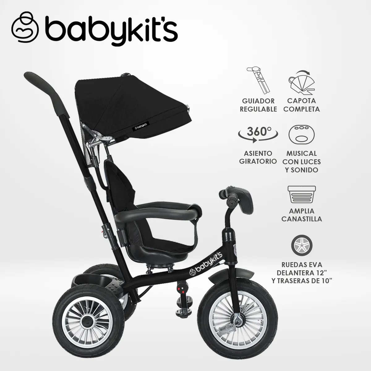 BABY KITS - Triciclo 360° con guiador Negro